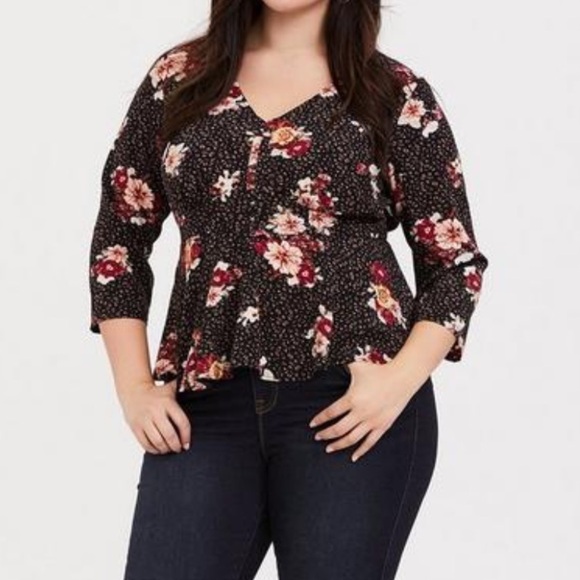 Torrid Black Leopard Floral Peplum Chablis Corset Back Top 3/4 Sleeves - Picture 16 of 16